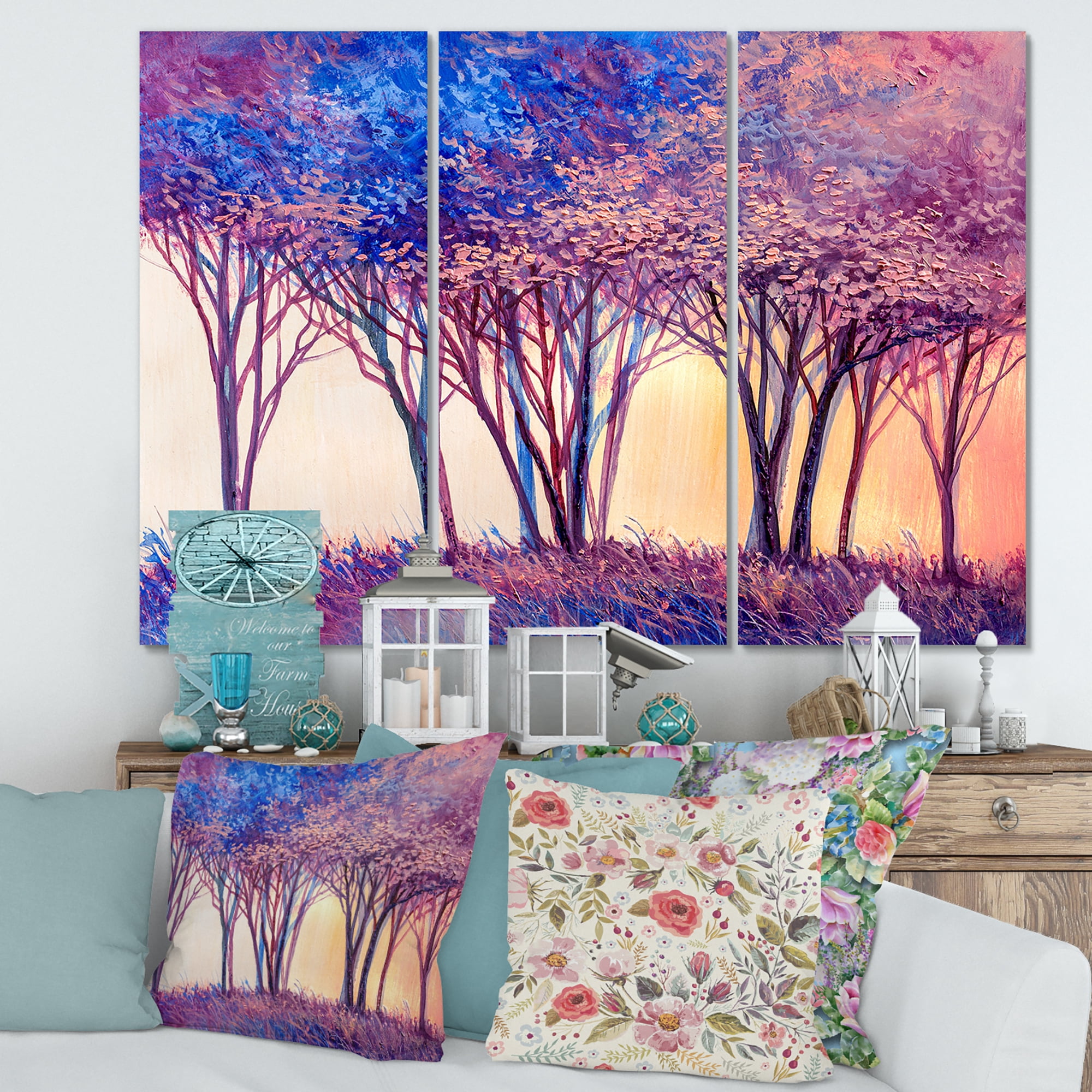 Designart ' Colorful Blue Trees Abstract Forest Landscape ' Modern Canvas Wall Art Print