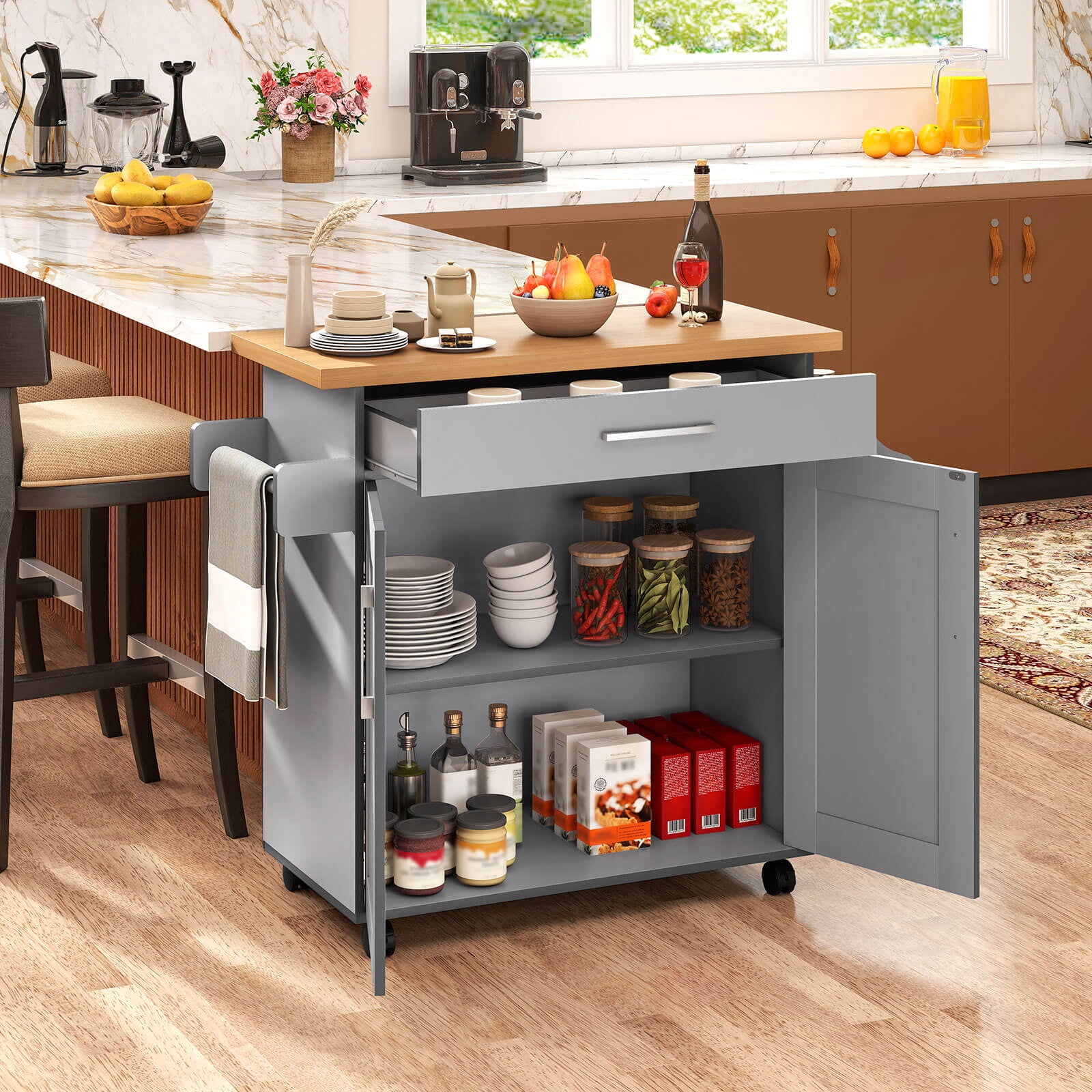 Costway Kitchen Island 44" Rolling Kitchen Cart with Drawer Adjustable Shelf Spice Rack Gray