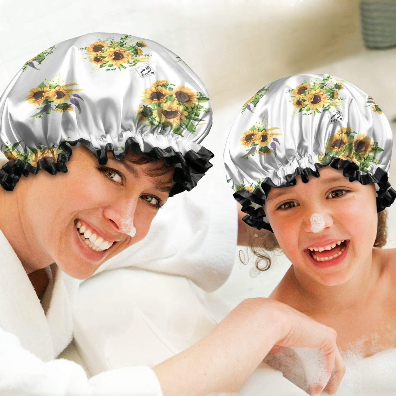 Shower Caps,White Yellow Purple Flower Bouquet Sunflower Pattern Waterproof Shower Cap for Women 4 Pieces,Double Reusable Hair Cover for Shower PEVA Elastic Stretch Hem