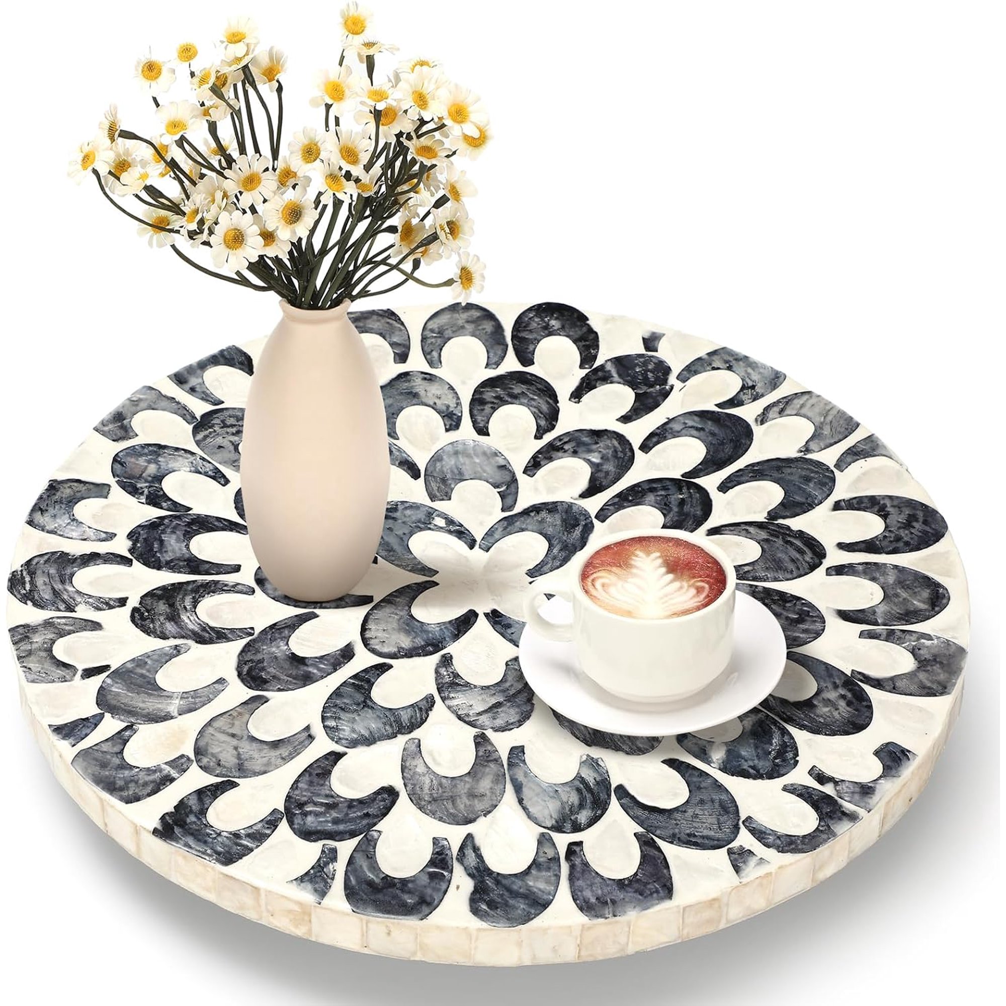 Mother of Pearl Lazy Susan for Table Turntable Organizer Marble Patterned Lazy Susan Wood Spinning Tray Rotating for Kitchen Cabinet Spice Pantry 12 Inch(Round,Floral)