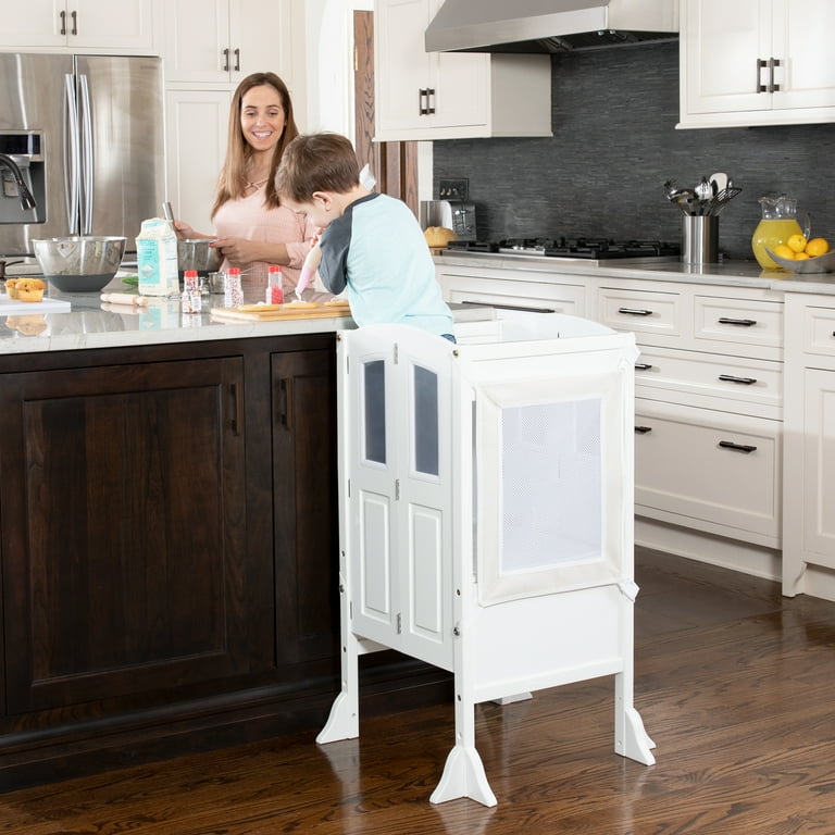 Martha Stewart Kitchen Helper by Guidecraft White Adjustable Wooden Step Stool Kids Folding Learning Toddler Tower w Non Slip Mat