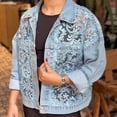 thumbnail image 2 of Unir Women Oversized Floral Lace Patchwork Cropped Denim Jacket Collared Button Up Casual Outer Coat 1PC S-XXL, 2 of 6