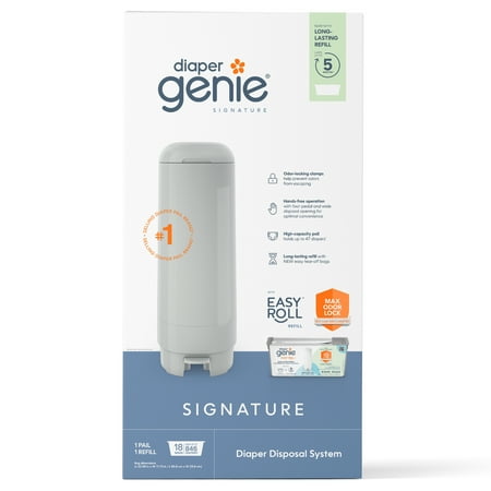Diaper Genie Signature Pail Includes 1 Easy Roll Refill with 18 Bags | Holds Up to 846 Newborn-Sized Diapers Per Refill  Gray