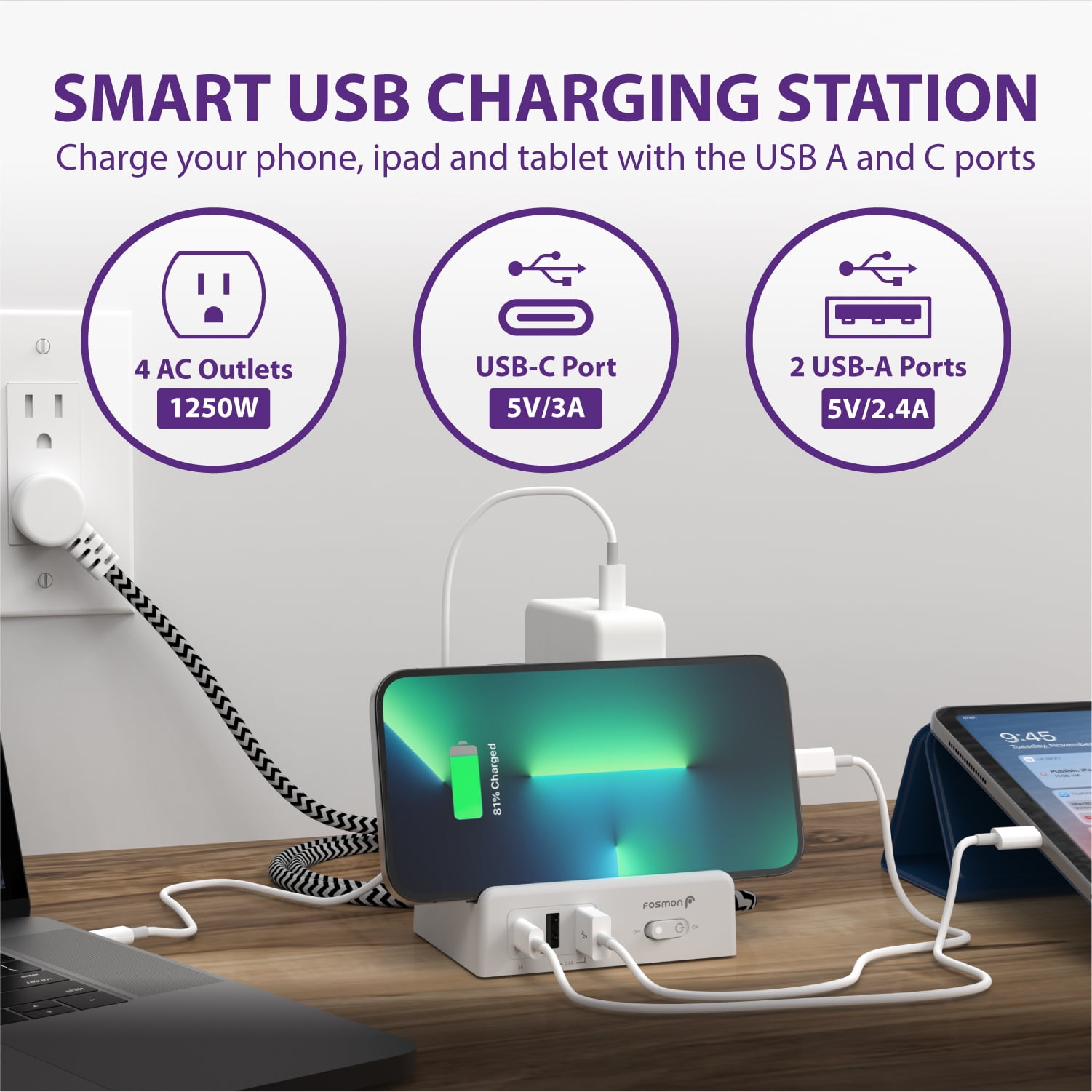Fosmon 2-Pack Desk Power Strip With USB C, 4 Outlets+3 USB Charger Charging Outlet, Desktop USB Power Station, 5ft Braided Extension Cord for Travel, Cruise Ship, ETL Listed