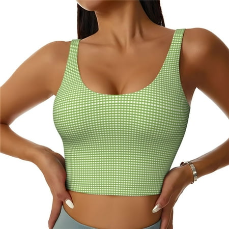 Jgfou Green Gingham Print Womens Sports Bra - Padded Workout Sports Bras Crop Tank Top