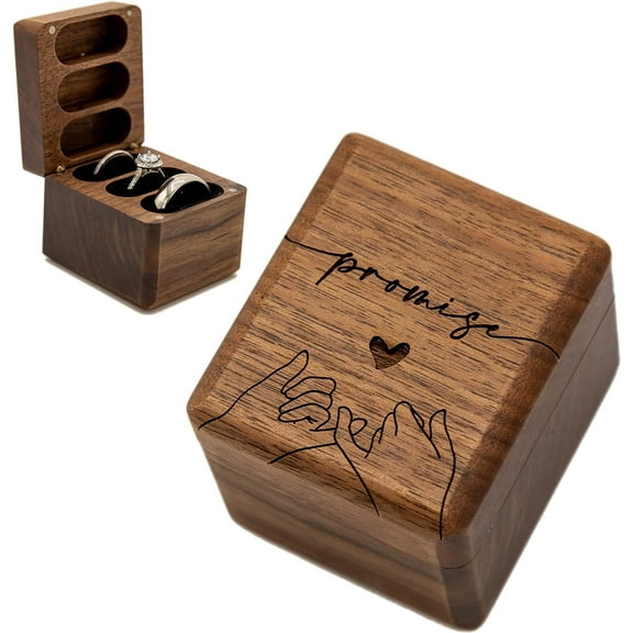 MUUJEE Wood 3 Slot Ring Box (Promise) - Triple Ring Case for Wedding Ceremony Ring Bearer Box, Anniversary Gift Ideas, Promise Engagement Ring Holder