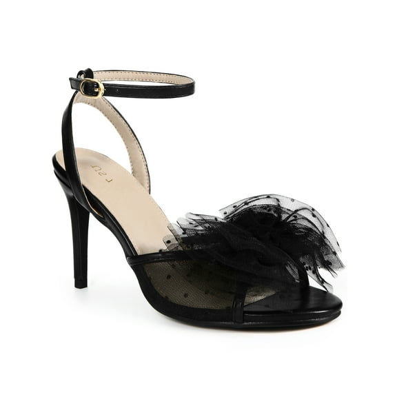 BLISSFUL STEP Mesh Bow Ankle Strap Slingback Stiletto Heels Sandals for Women Black 6