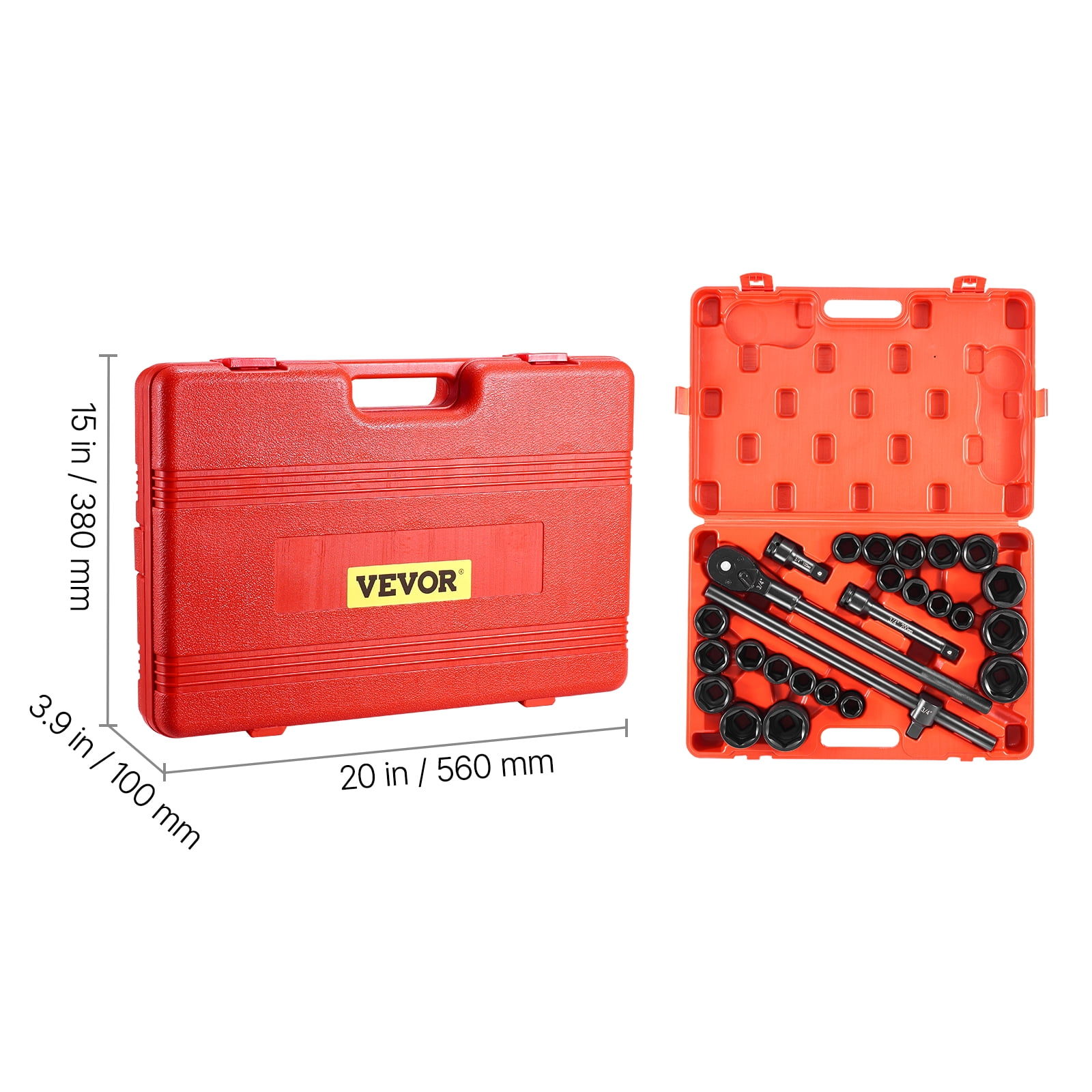 VEVOR 3/4 in Drive Impact Socket Set, 27 Pieces SAE 7/8 in to 2 in and Metric 22 mm to 50 mm, 6 Point Cr-V Alloy Steel for Auto Repair, Includes Extension Bars, Ratchet Handle and Storage Case