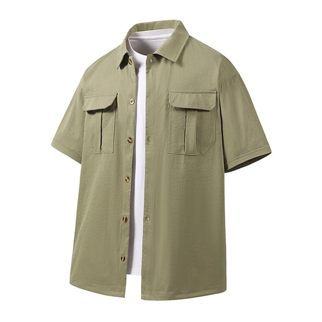 Men's Short Sleeve Shirt, Casual Solid Color Polyester Top, Fold Over Collar Design, Lightweight for Summer and Spring Daily Wear