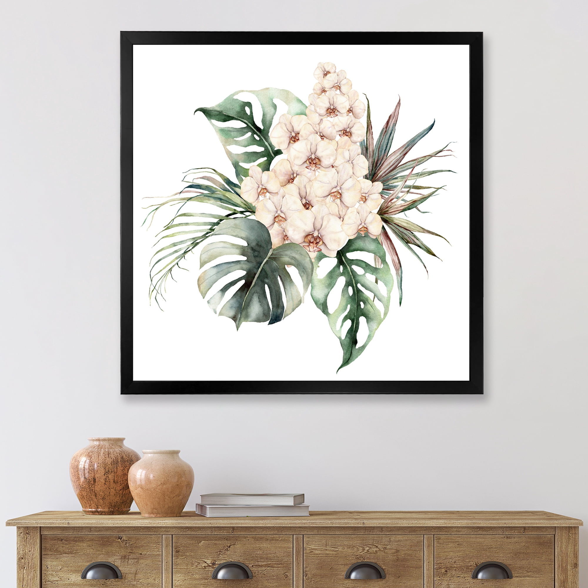 Designart 'Bouquet With Orchids Coconut Leaves and Monstera ' Traditional Framed Art Print