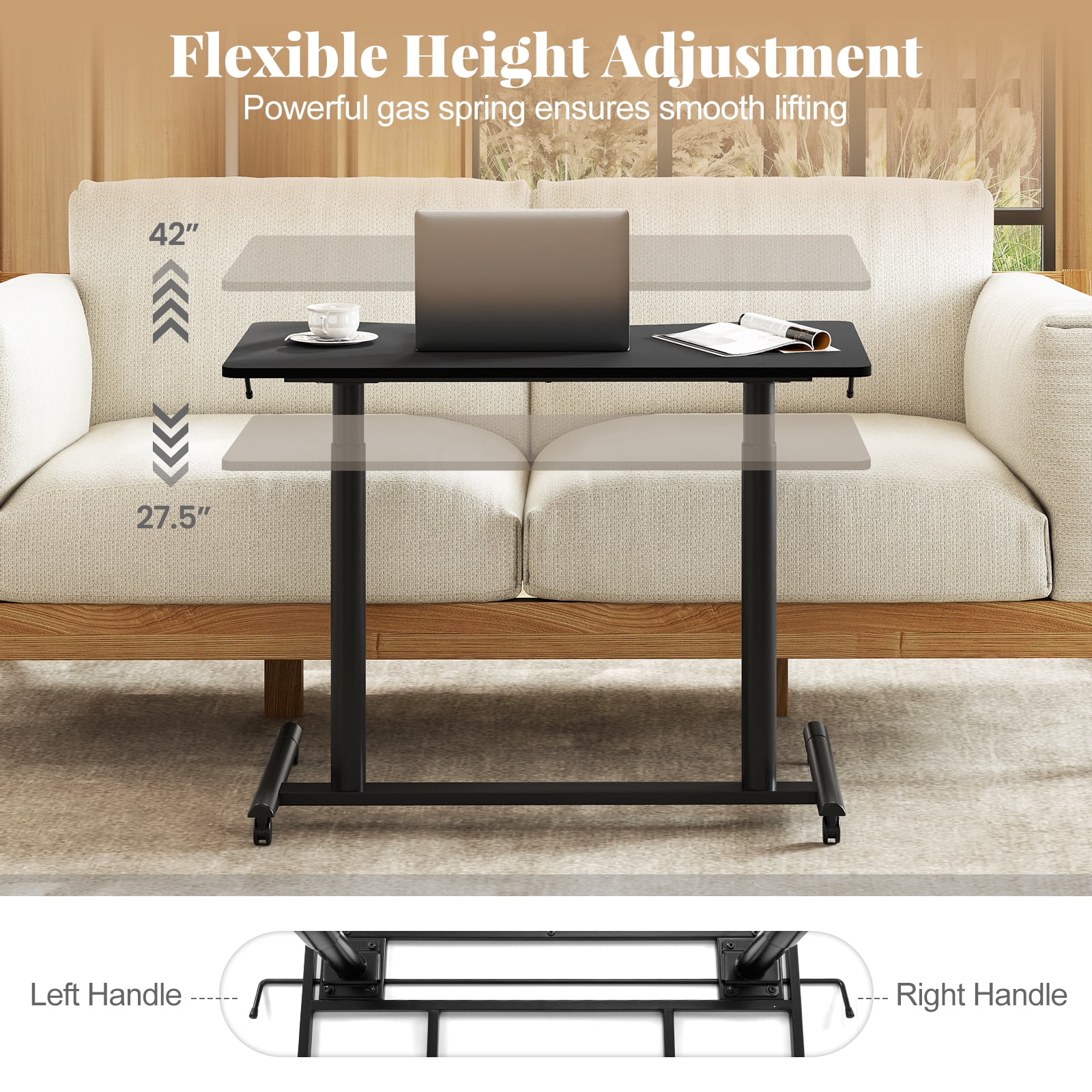Costway Contemporary Wood Adjustable Height Rolling Computer Desk in Black