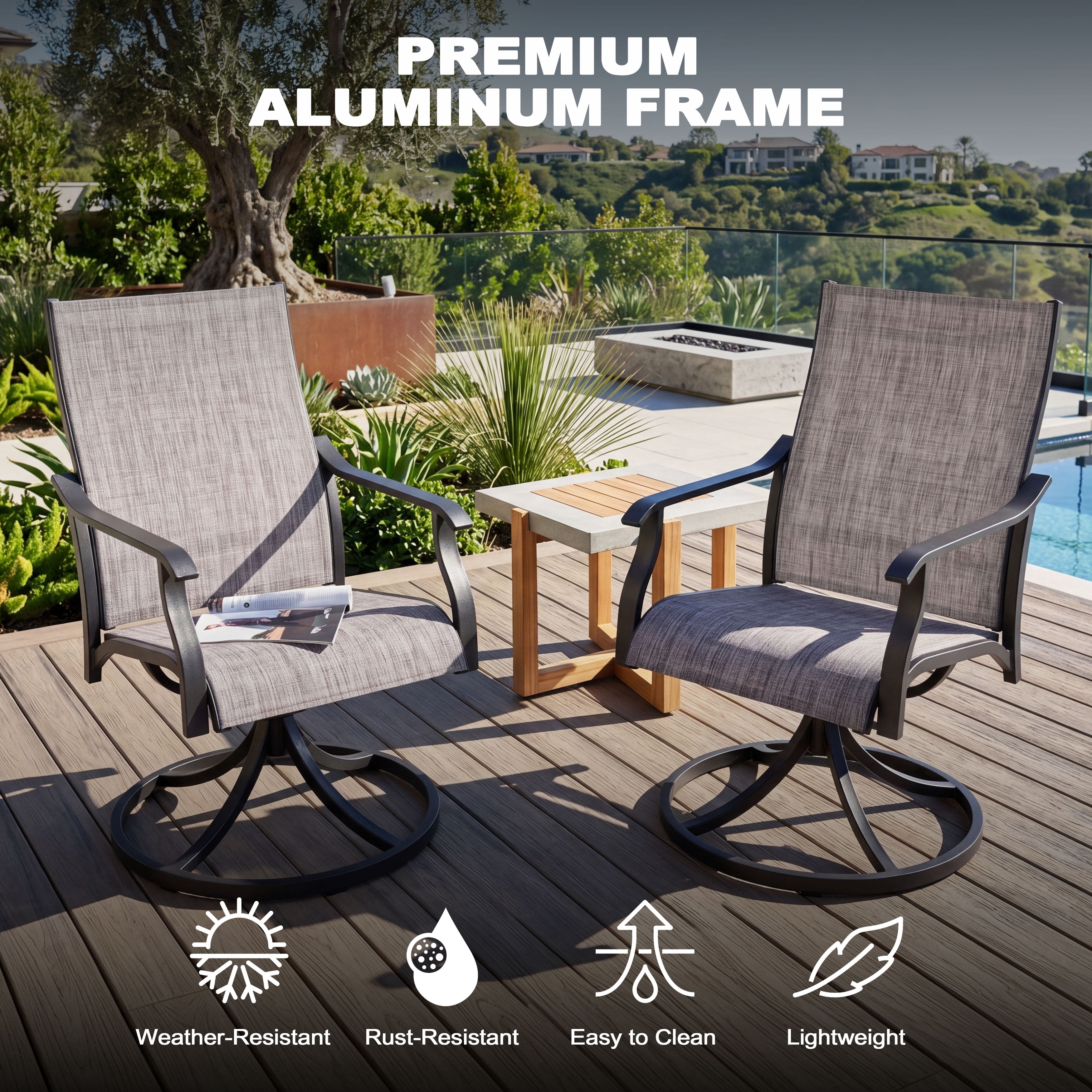 Nuu Garden Swivel Patio Chair Set of 2, All-Weather Textilene Outdoor Dining Chairs with High Back, Outdoor Dining Chair Set, Grayish Brown