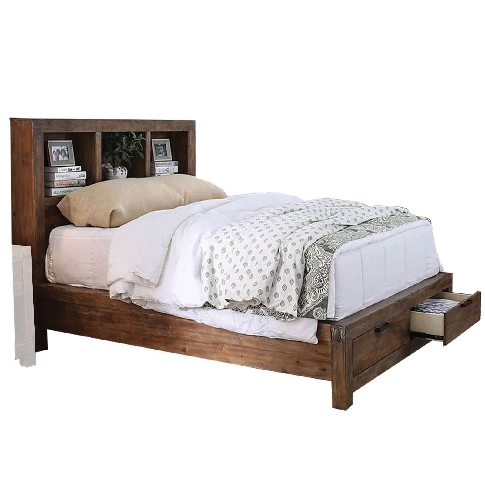 Rustic Wooden Queen Size Bed with Storage Compartments, Brown Walmart
