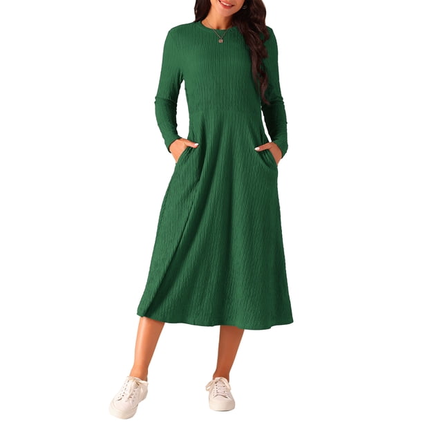 INSPIRE CHIC Vestidos de Otoño para Mujeres, Manga Larga, Cuello Redondo, Tejido A-Line, Vestido Midi Casual S Verde Oscuro