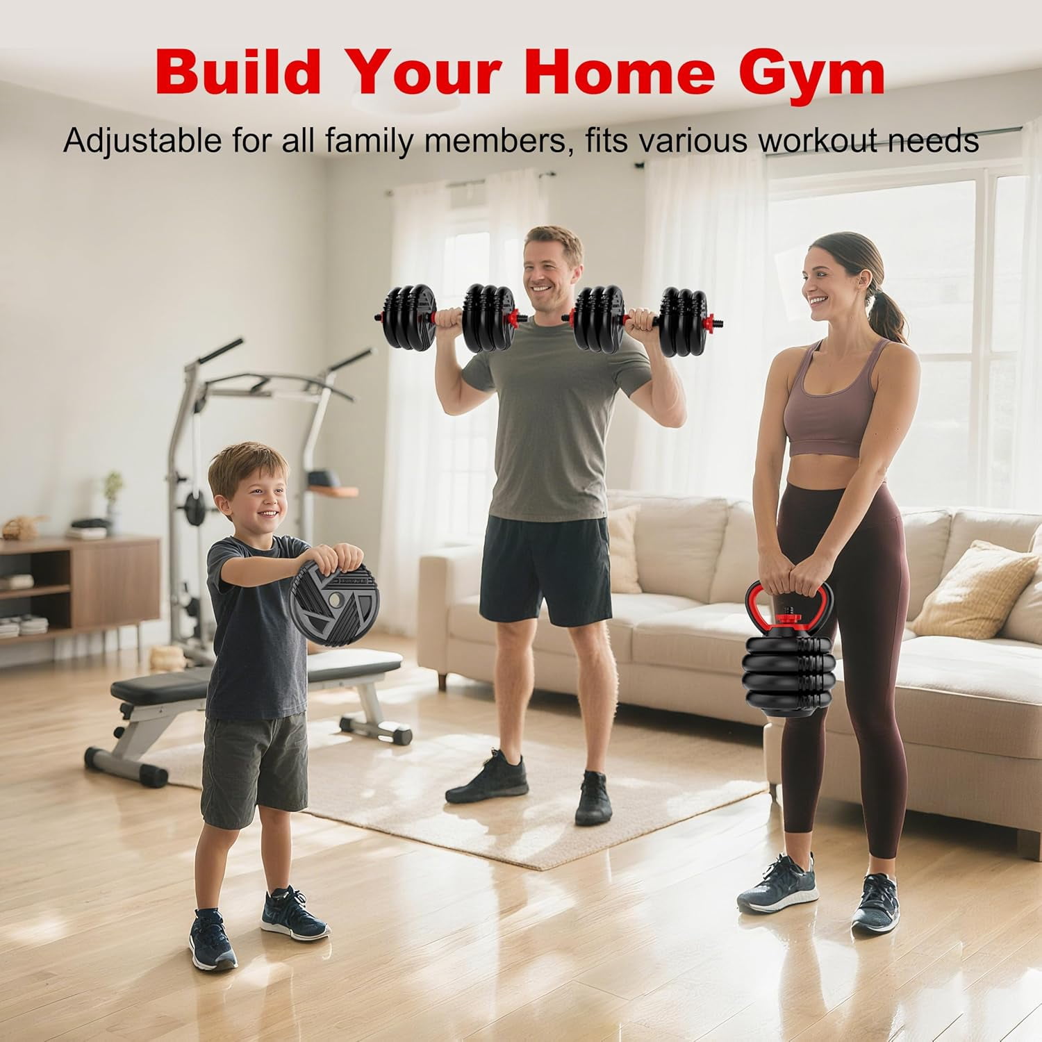 Adjustable Dumbbell Set Converts to Barbell and Kettlebell, 5-in-1 Multi-Function Home Gym Weight Set for Men and Women
