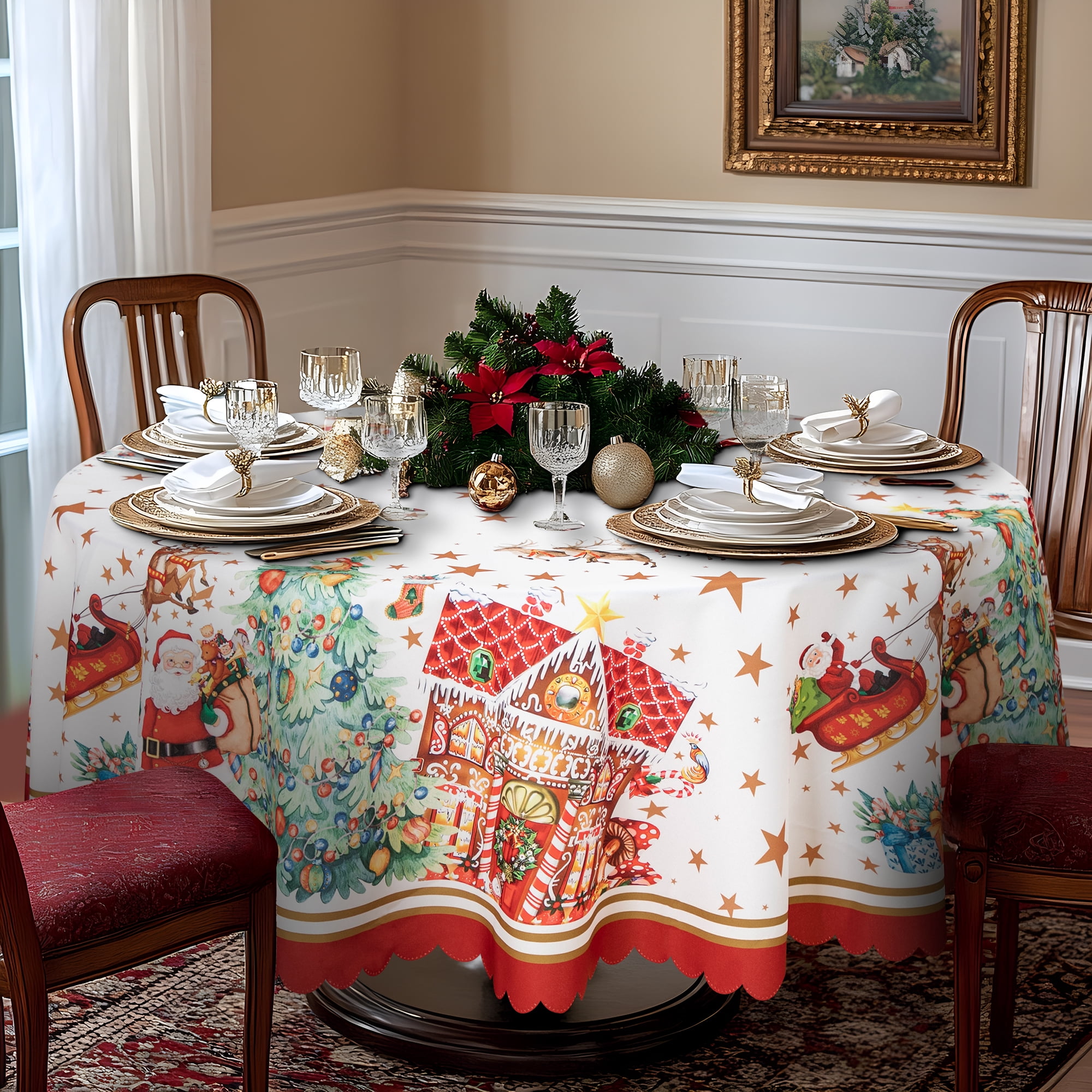 RAY STAR Polyester Christmas Tablecloth 60 inch Round Machine Washable Table Cloths, Thick Can not See Through Heavy Duty Tablecloth