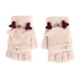 thumbnail image 2 of Girls Fingerless Gloves Keep Warm Cartoon Pattern Thickened Flip Top Gloves for Winter Beige, 2 of 5