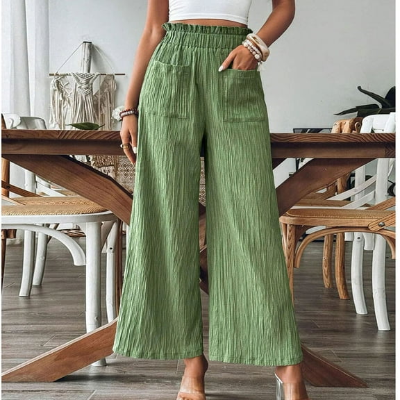 Sakmal Palazzo Pants Women Wide Leg Flowy Vacation Beach Full Length Solid High Waisted Green Pants with Pockets