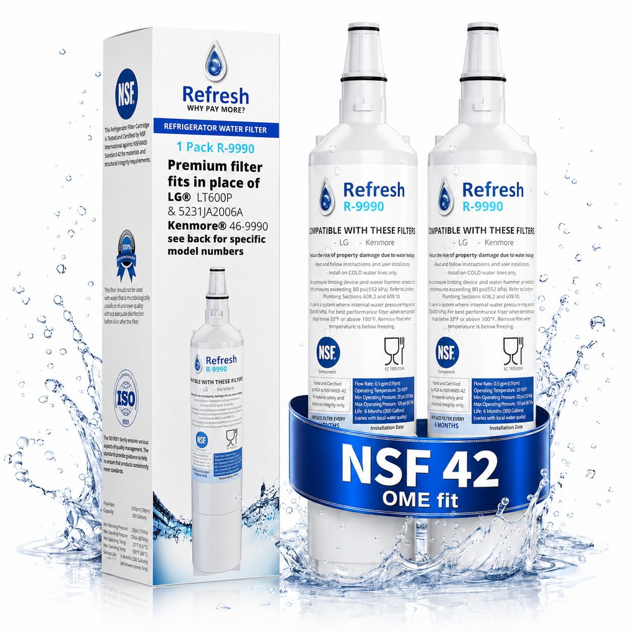Refresh R-9990 Refrigerator Water Filter Replacement for LG LT600P, LT600, 5231JA2006A, 5231JA2006B, 46-9990, 469990, NSF/ANSI 42, 6-Month, 2-Pack
