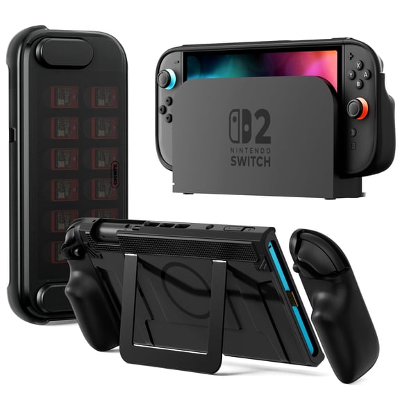 COOWPS P2 Dockable Split Protective Case for Nintendo Switch 2, Ergonomic Grips, Metal Kickstand, Magnetic Ring, Front Cover & 12 Game Card Slots