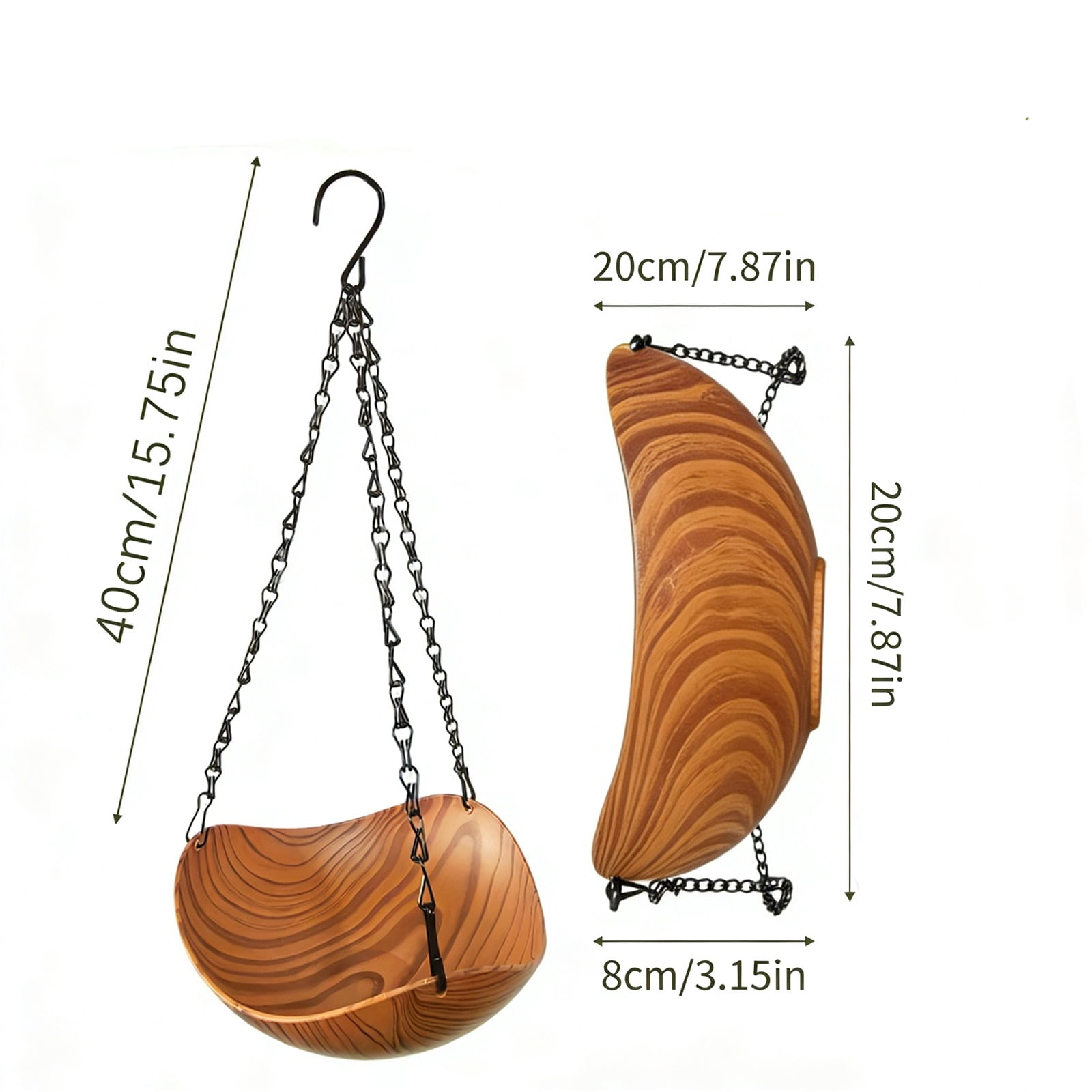 Portable Hanging Bird Bath for Outdoor Garden with Wooden Design, Cute Practical Water Feeder for Birds, Ideal for Backyard Patio Balcony, Durable Rustic Style Metal Bowl with Chain