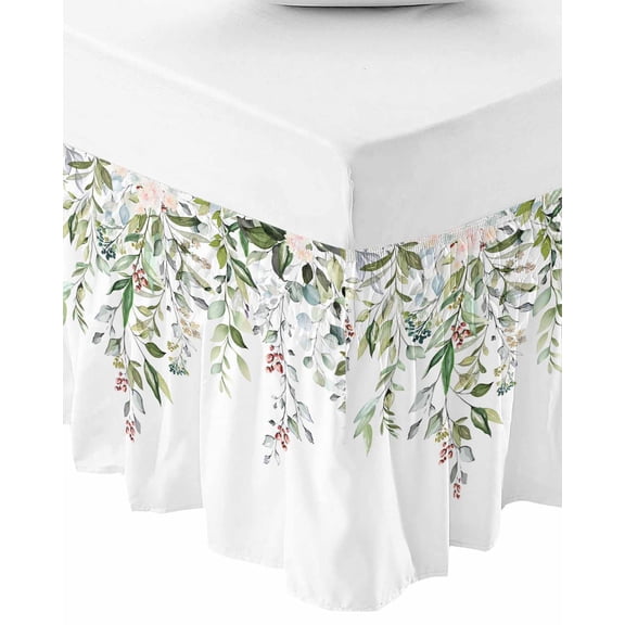 Sage Green Eucalyptus Wrap Around Bed Skirts for Queen Bed 18" Drop,Bed Skirt with Adjustable Elastic Belt Dust Ruffle Bed Valance for Bedroom Hotel Aesthetics Floral Farm Foliage Bed Frame Cover