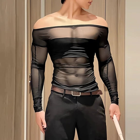 UQJfacai Mens Mesh Off Shoulder Tops Sheer See Through Long Sleeve Shirts Stretch Muscle Fitted Tee Summer Party Night Clubwear Black XL