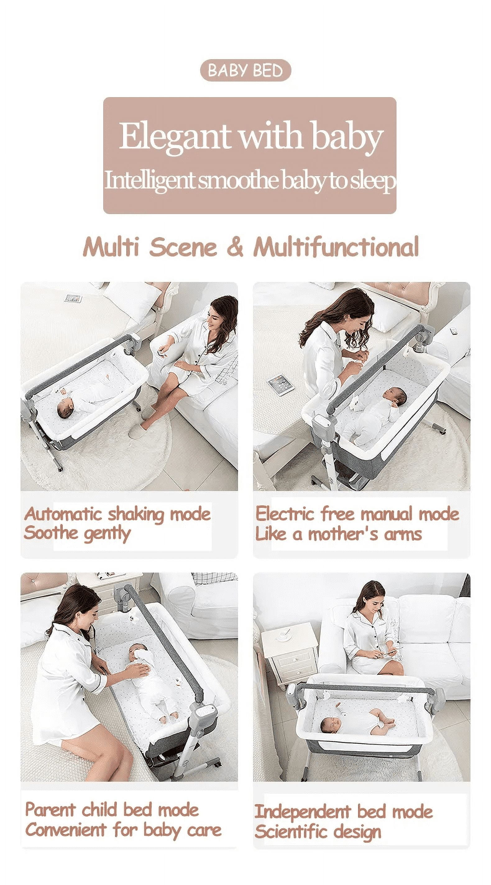 Star_Byul Automatic Baby Crib Convertible Bedside Sleeper with Bluetooth Music Speaker Baby Crib for Infants to Toddlers Unisex Beige