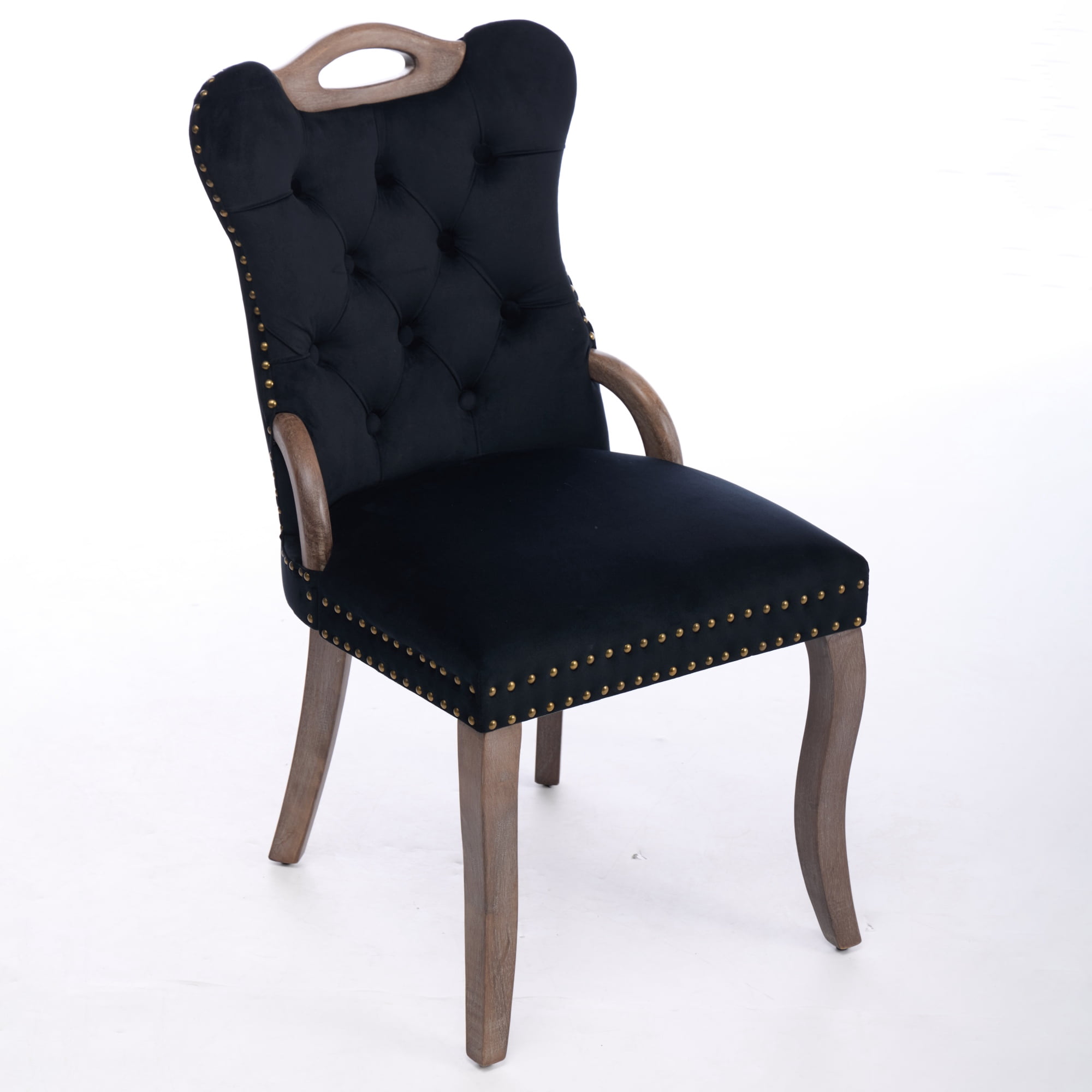 Garitin Dining Chair Set of 2 and Velvet Upholstered Arm Chairs, Button Tufted Back with Nailhead Trim and Solid Wood Legs for Dining Room, Black