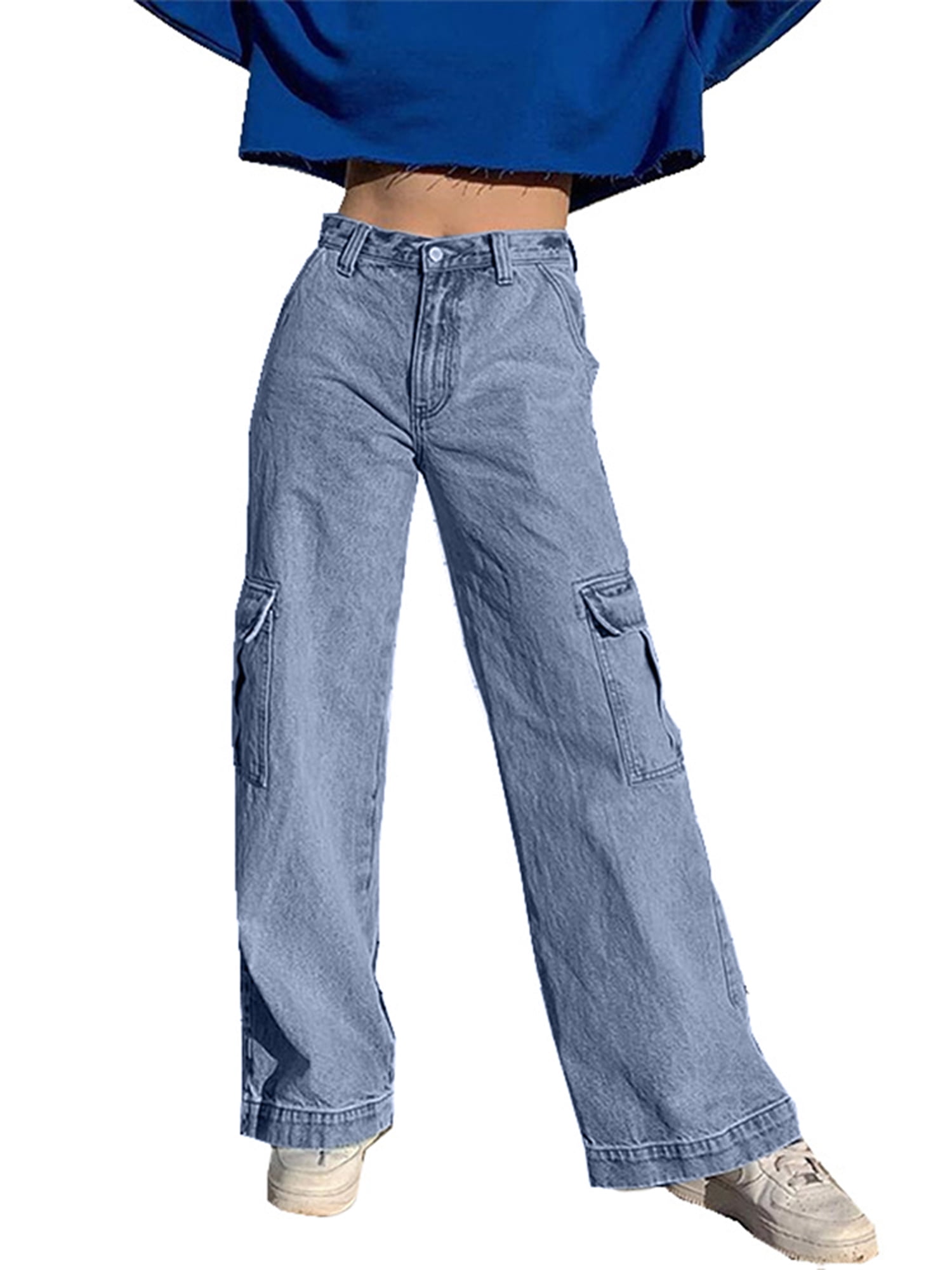 Women S Loose Jeans Pockets Casual Denim Wide Leg Zipper Cargo Pants