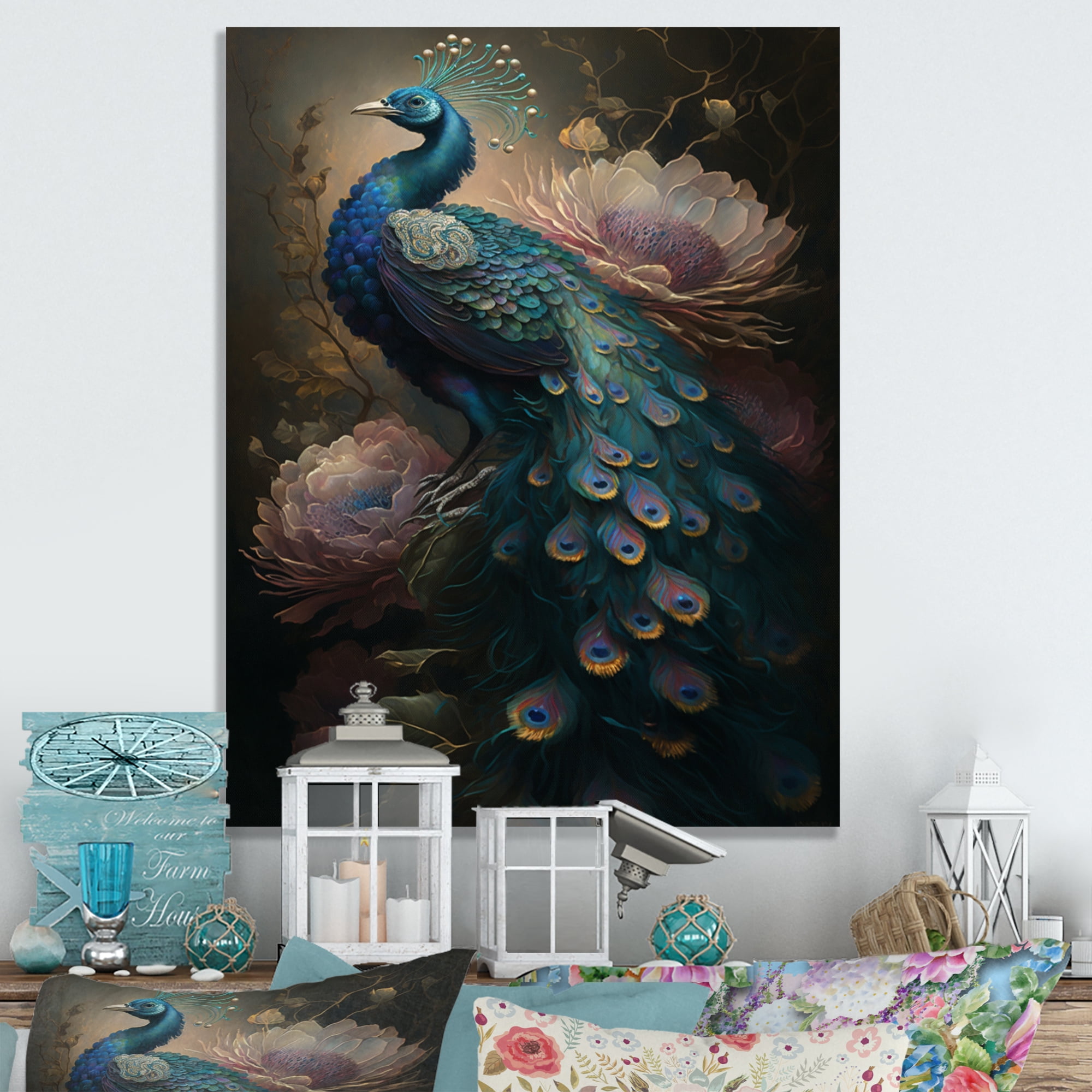 Designart Peacock With Flowers Canvas Wall Art