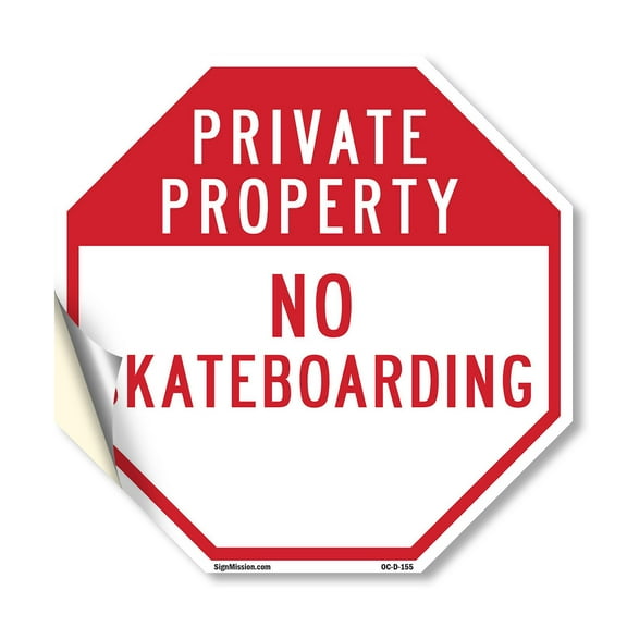 Private Property No Skateboarding 10 inch X 10 inch Octagon Vinyl Label Decal Sticker Weather Resistant, UV Protected for Workplace, Private Property, and Construction Site, Made in the