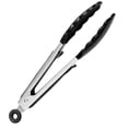 thumbnail image 1 of Pinzas de cocina de acero inoxidable con agarre de silicona, pinzas para asar y tostar de 9", orificio para colgar y soporte, color negro, 1 of 5