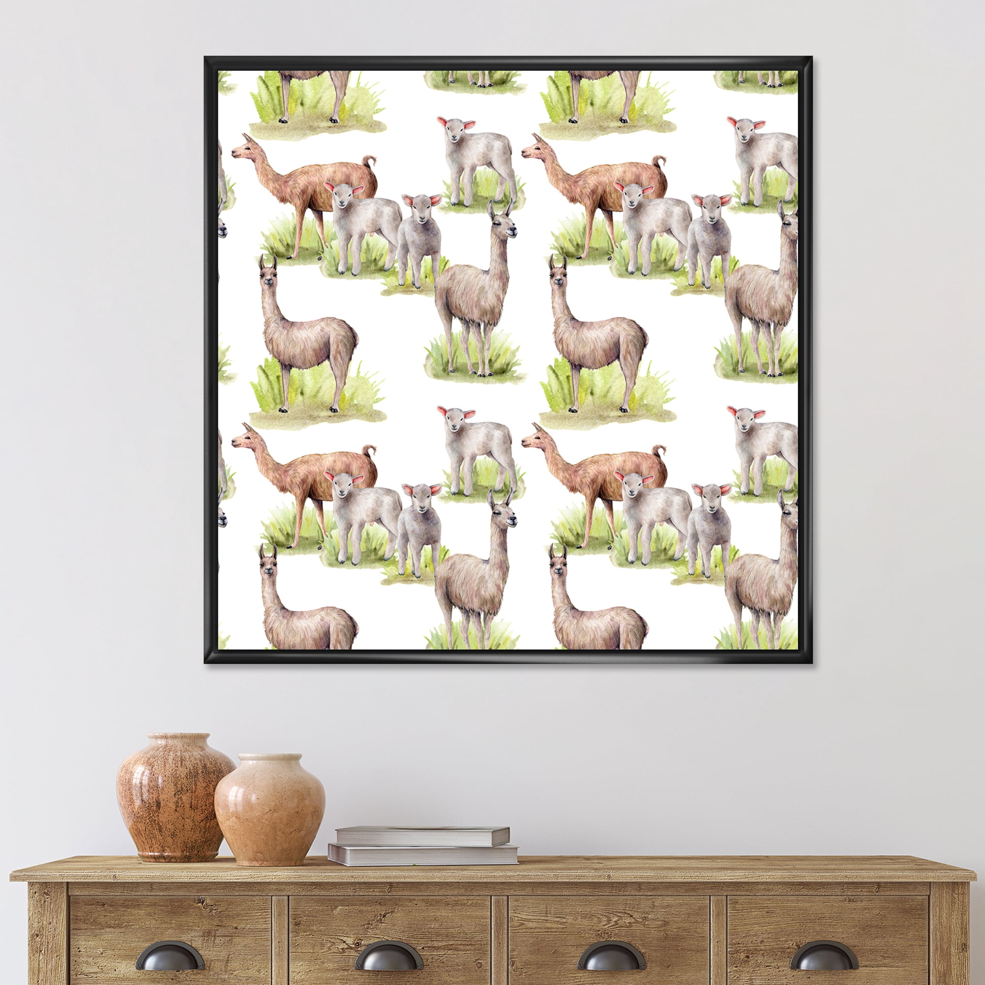 Lambs and Lamas On A Green Meadow 36 in x 36 in Framed Painting Canvas Art Print, by Designart