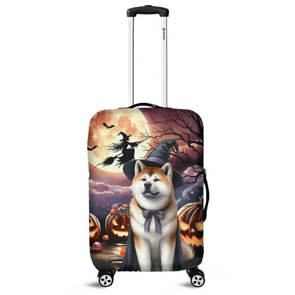 Spooky Halloween Night Witch Akita Glowing Pumpkins Travel Luggage Cover Inu Dog Lover Suitcase Dust Protective Decor - 12015