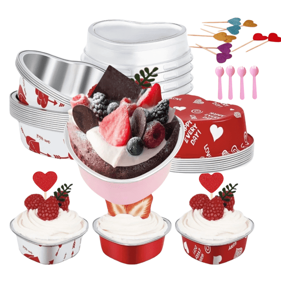 48-Pack Heart Shaped Cake Pans with Lids and Spoons 3.5oz Disposable Mini Aluminum Baking Pans for Mother's Day Women’s Day Wedding Birthday Party