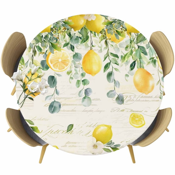 Watercolor Lemon Round Tablecloth, Fitted Table Cover with Elastic for 36"-44" Round Tables, Eucalyptus Leaf Fruit Yellow Flower Table Cloth Outdoor Indoor Dinning Party Waterproof Tablecloths