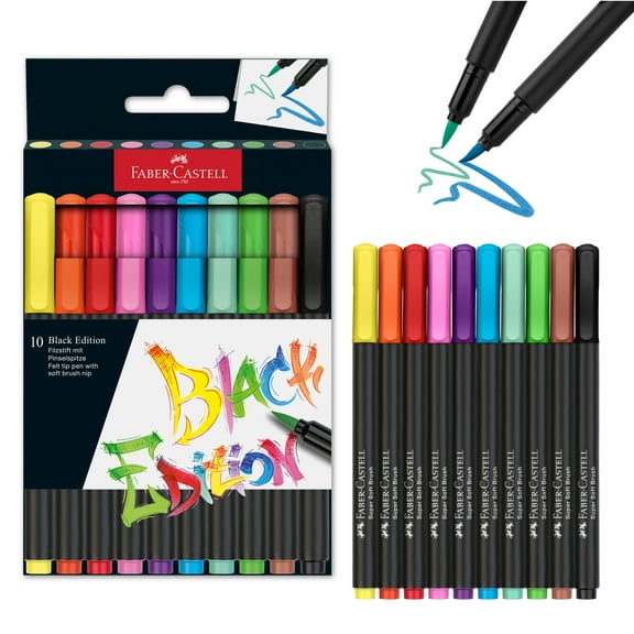 Faber-Castell Black Edition Felt Tip Pen with Soft Brush Nib: 10 Colors - Brush Tip Markers for Adult Coloring, Lettering, and Drawing, Calligraphy Brush Pen for Artists