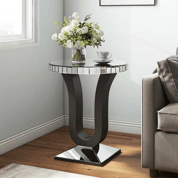 SHYFOY 24" Round Mirrored Pedestal End Table, Modern Glass Top Side Table with Silver Finish for Living Room, Bedroom & Lounge