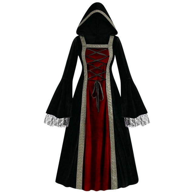 Qiopertar Robe Médiévale Règles Ourlet Double Col Montant Grande Jupe Longue Ancienne Manches Longues Robe Col Rond Liquidation Moins de 5$ en Liquidation Offres d'Accès Anticipé