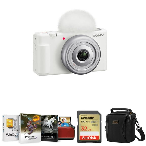 Sony ZV-1F Vlogging Camera, White Bundle with Corel Mac Software Kit, 32GB SD Card, Shoulder Bag