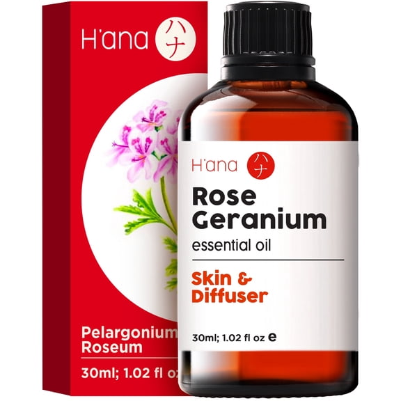H'ana Rose Geranium Essential Oil - 1.02 fl oz - for Hair, Skin, Diffuser, Aromatherapy, DIY Candle & Soap Making