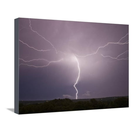 Norman One Light - Cloud to Ground and Intracloud Lighting Behind a Storm Moving Away from Norman, Oklahoma Stretched Canvas Print Wall Art By Charles Doswell