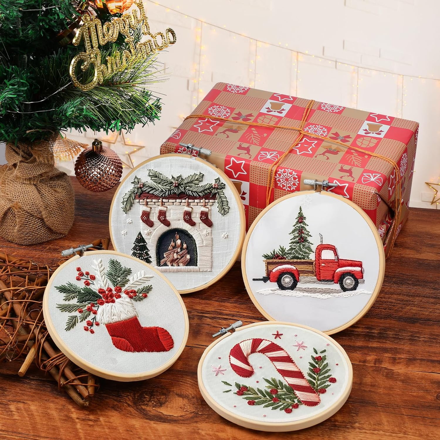 Dalrosia Christmas Embroidery KIT,Adults Kids DIY Handmade,Hand Embroidery Starter Kits with Stamped Embroidery Pattern,for Christmas Embroidery Kits for Adults Beginners Starter