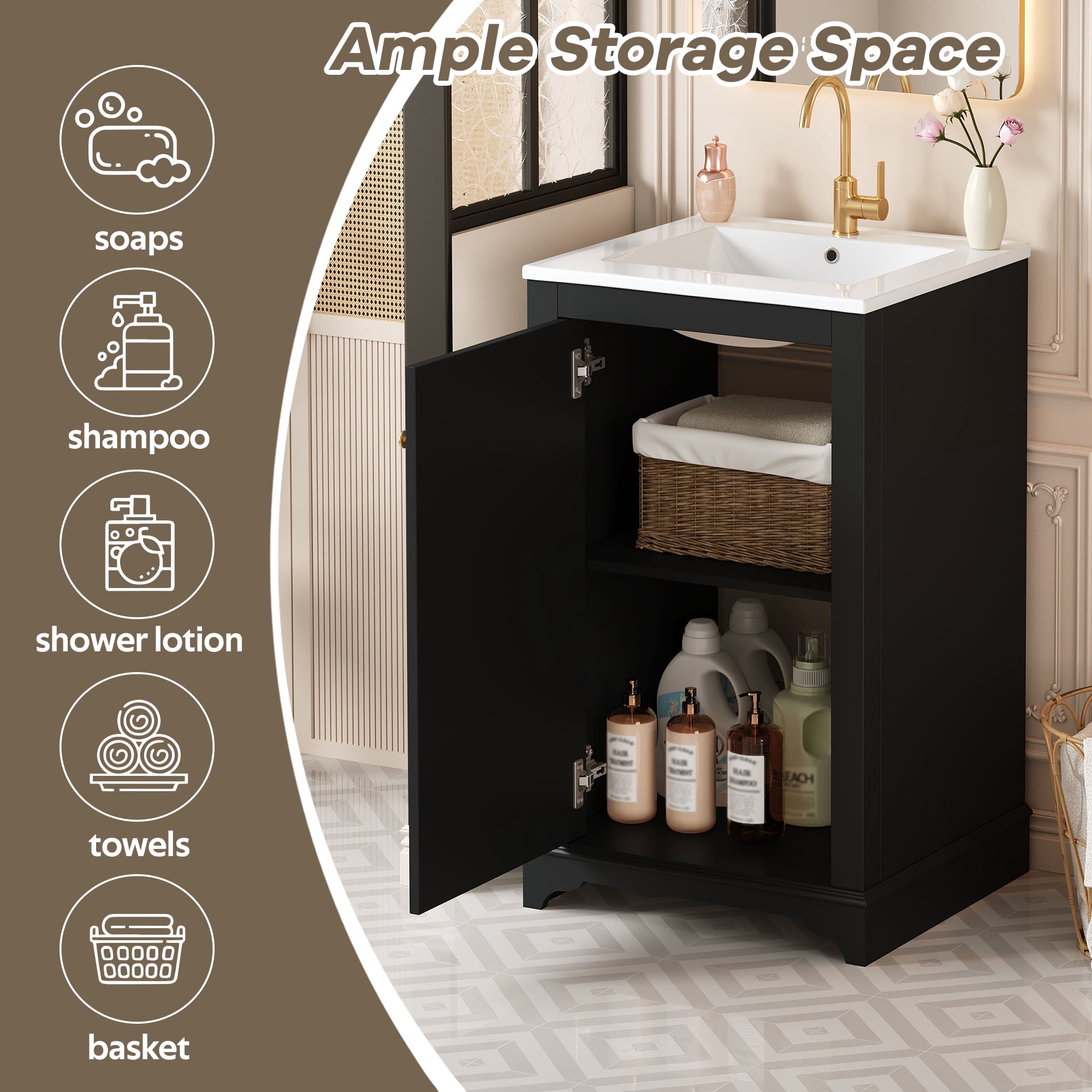 Euroco 20-inch Bathroom Vanity with Ceramic Sink, Freetanding Single Vanity Set with Soft Closing Door, adjustable shelf, Modern Style, Black.