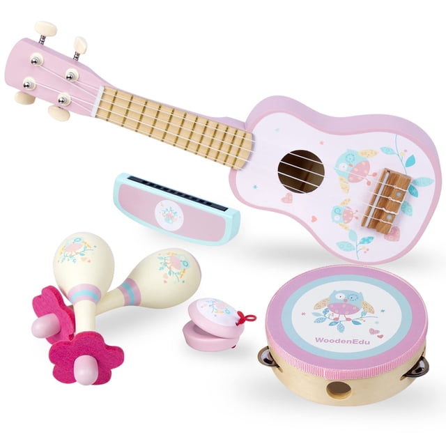 Woodenedu Guitarra Para Niños Para Niñas Instrumentos Musicales De Madera Juguetes Con Ukelele Pandereta Maracas Armónica Mini Conjuntos De Banda Para Niños Pequeños De 2 A 3 Años Regalo De Cumpleaños