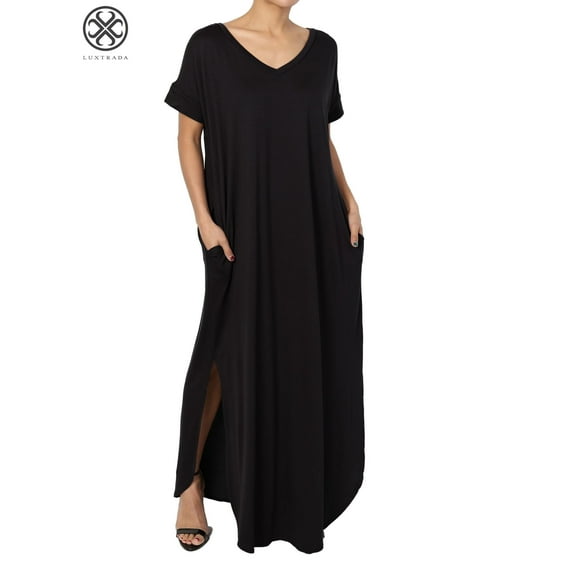 Luxtrada Women's PLUS Viscose Jersey V-Neck Short Sleeve Relaxed T-Shirt Slit Long Maxi Dress
