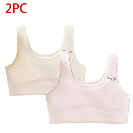 Xfvqtps 2PCS Girls Bras with Padded Fixed Cup Seamless Wavy Edge Ice Silk Cooling Training Bra for Teen Big Kids Cute Bear Print Comfortable Breathable Girls Bras for 10-16 Years Beige+Pink