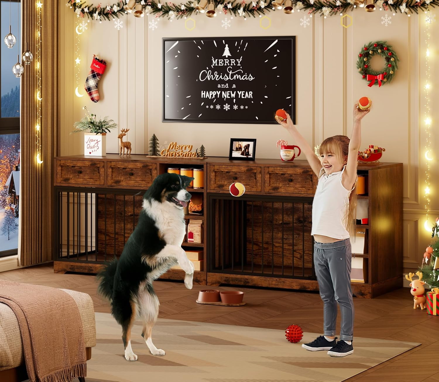 Senfot Furniture Style Dog Crate Cabinet, Multi Functional Pet Kennel with Storage, Decorative Dog House for Living Room Bedroom Brown