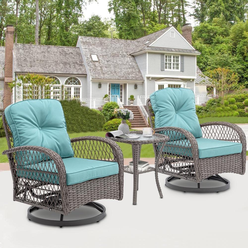 3 Piece Outdoor Bistro Swivel Chairs Set, Patio Bistro Set w/ 360° Swivel Rocking Chairs & Table, All-Weather Conversation Set with Metal Frame for Patio Backyard Porches or Garden - Blue - image 2 of 10
